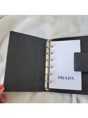 PRADA Black Leather Agenda Planner PM Size silver rings